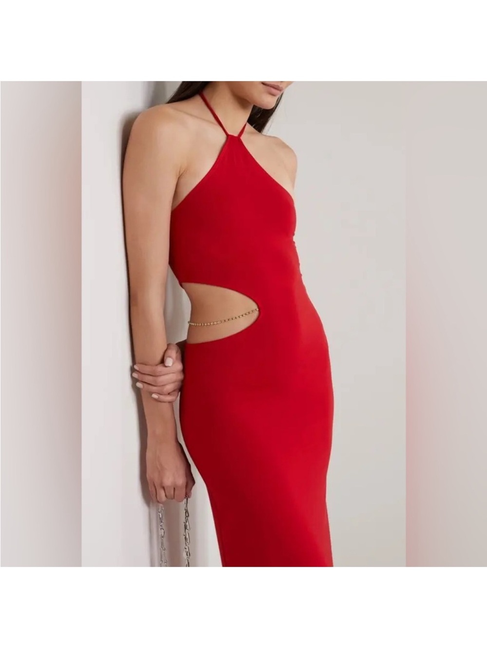 Helio Reformation red cutout embellished stretch-TENCEL Lyocell dress
